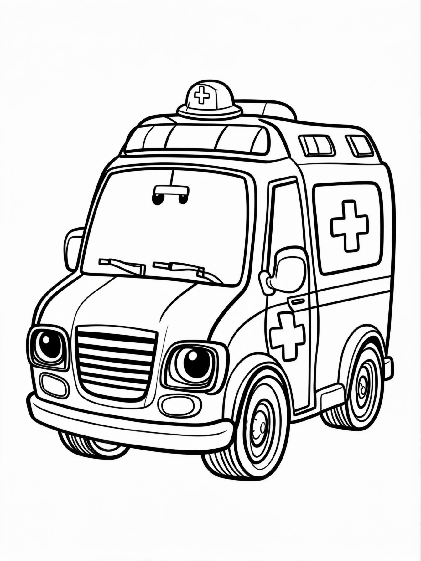 cute ambulance coloring page for toddlers, simple bold design, siren on top, friendly cartoon face, thick black lines, no background
