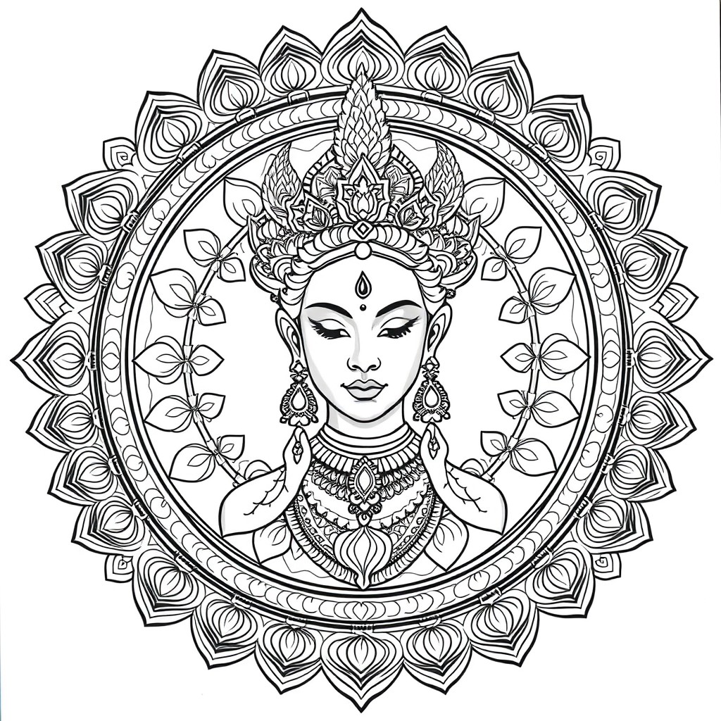 "Combine the intricate beauty of Khmer Apsara imagery with mandala patterns. Surround a detailed Apsara portrait with circular, symmetrical motifs and soft, balanced colors that create a meditative an