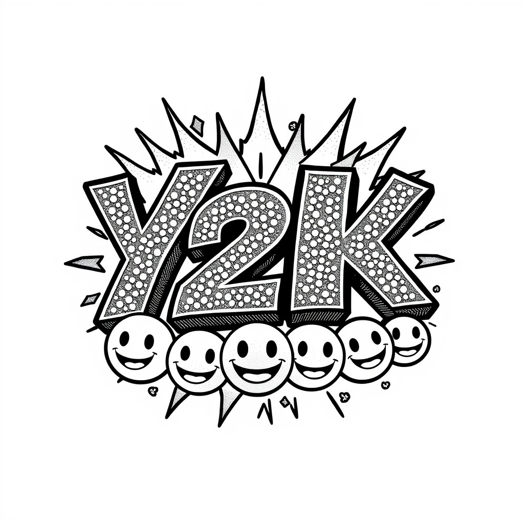 Retro Y2K-style typography with glitter effects and rebellious emojis.