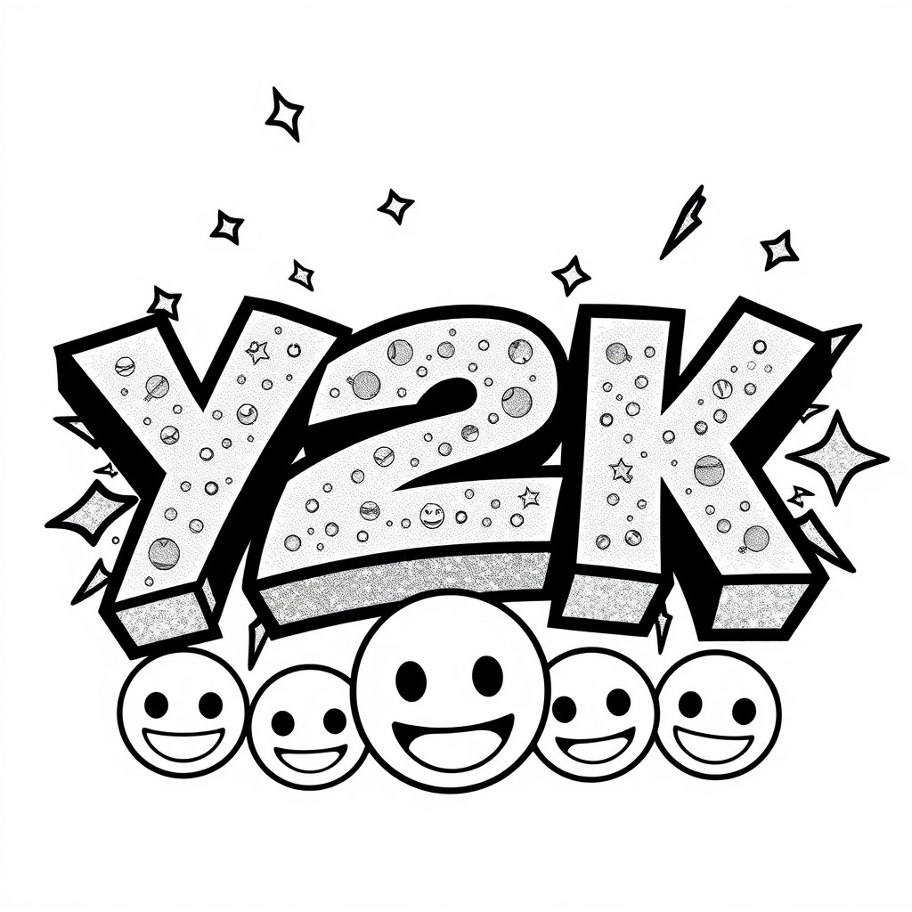 Retro Y2K-style typography with glitter effects and rebellious emojis.
