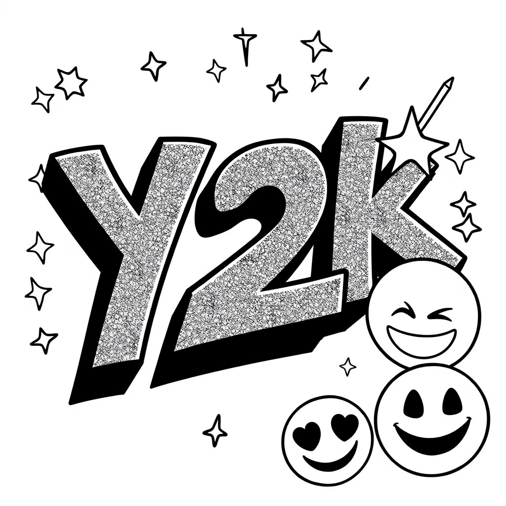 Retro Y2K-style typography with glitter effects and rebellious emojis.