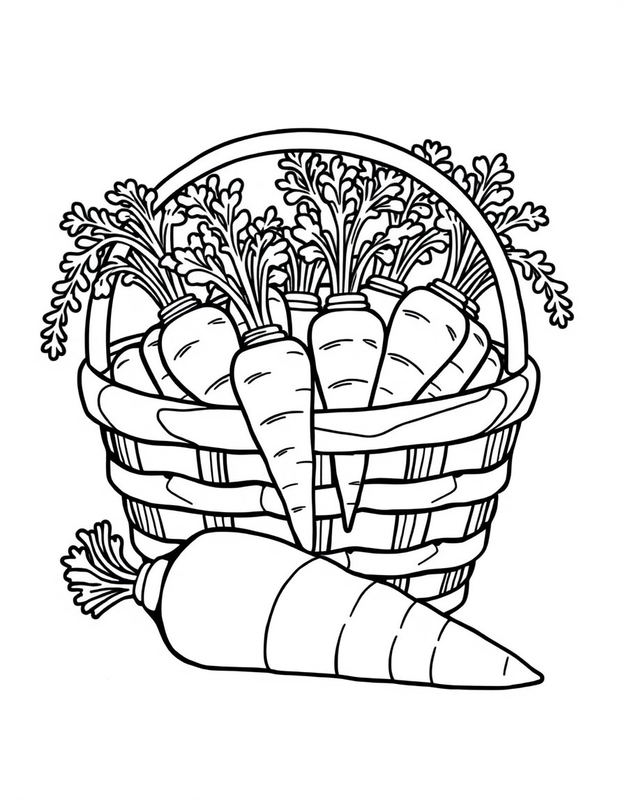 There are carrots in the basket, their tops are hanging down. There is a large carrot in front of the basket.