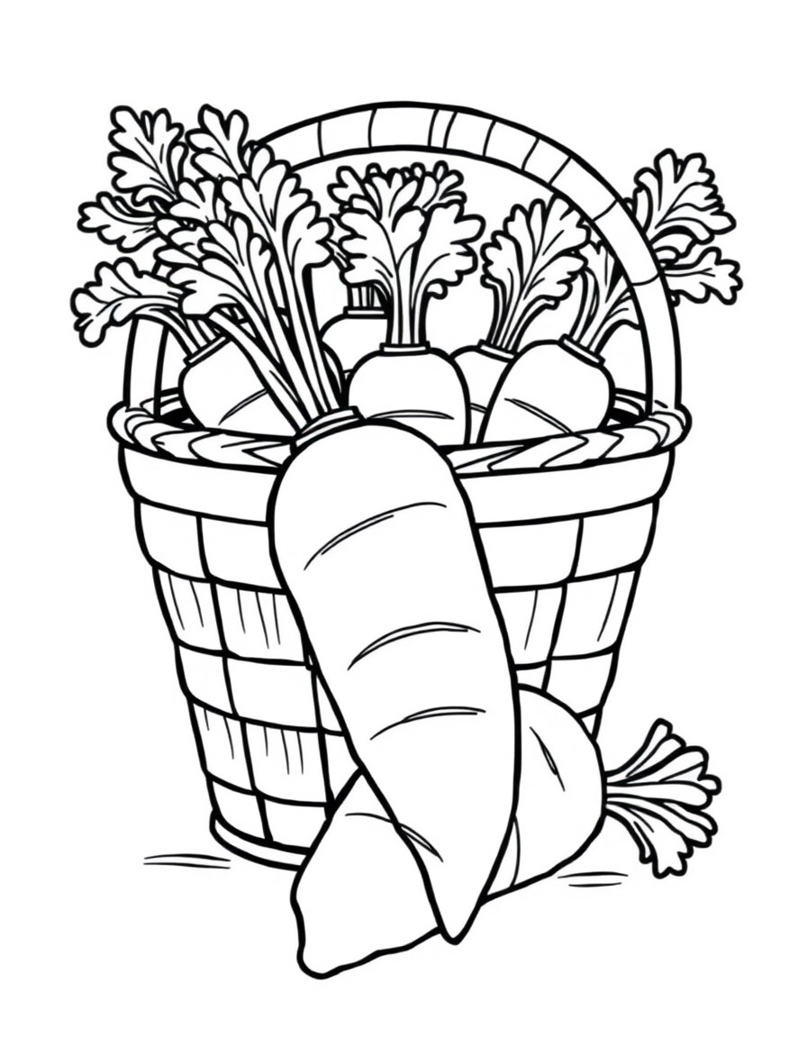 There are carrots in the basket, their tops are hanging down. There is a large carrot in front of the basket.