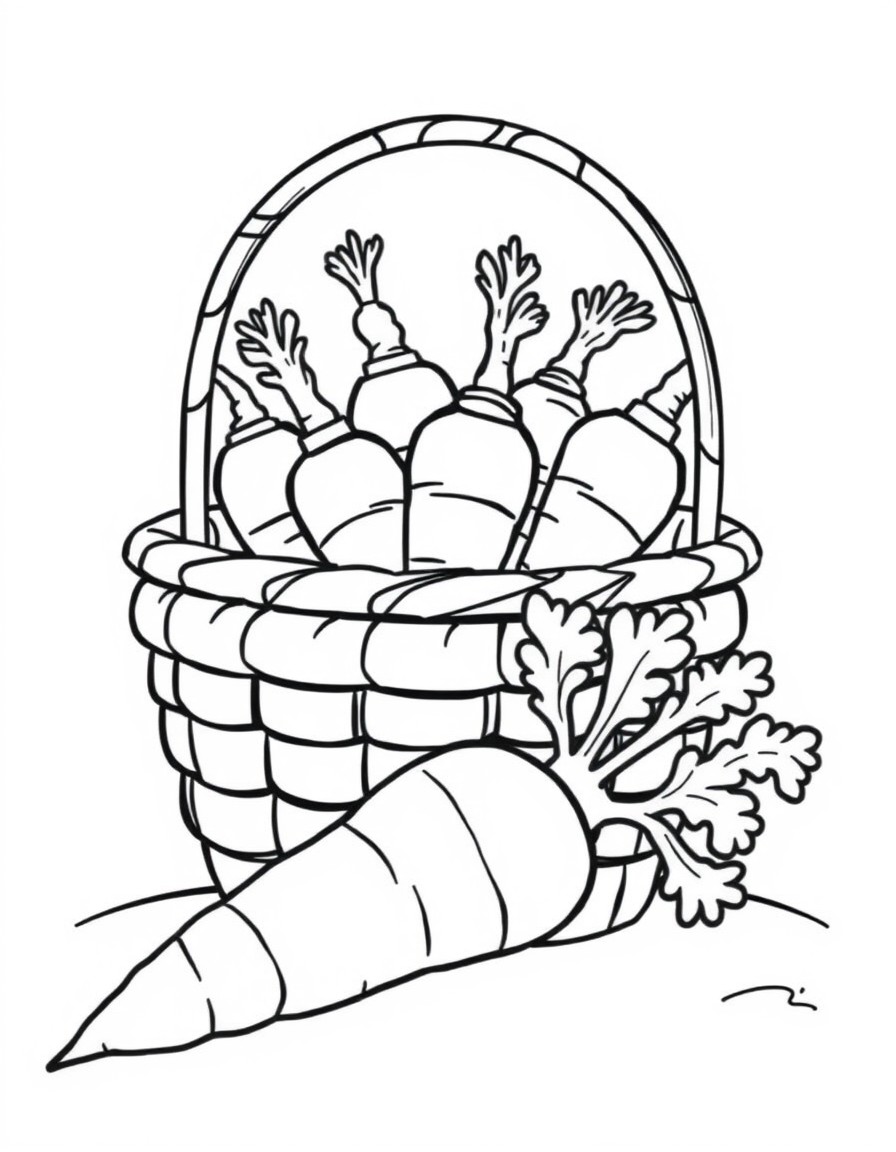 There are carrots in the basket, their tops are hanging down. There is a large carrot in front of the basket.
