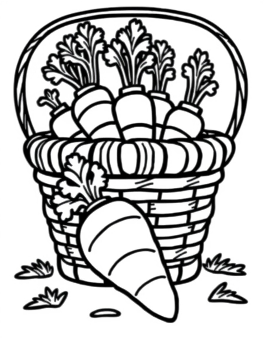 There are carrots in the basket, their tops are hanging down. There is a large carrot in front of the basket.