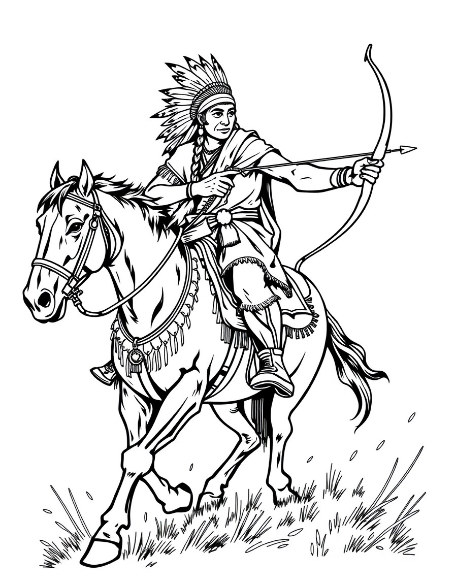 A native American Indian brave riding a horse with a bow and arrow