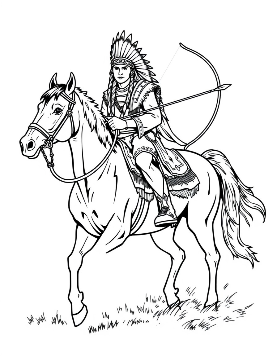 A native American Indian brave riding a horse with a bow and arrow