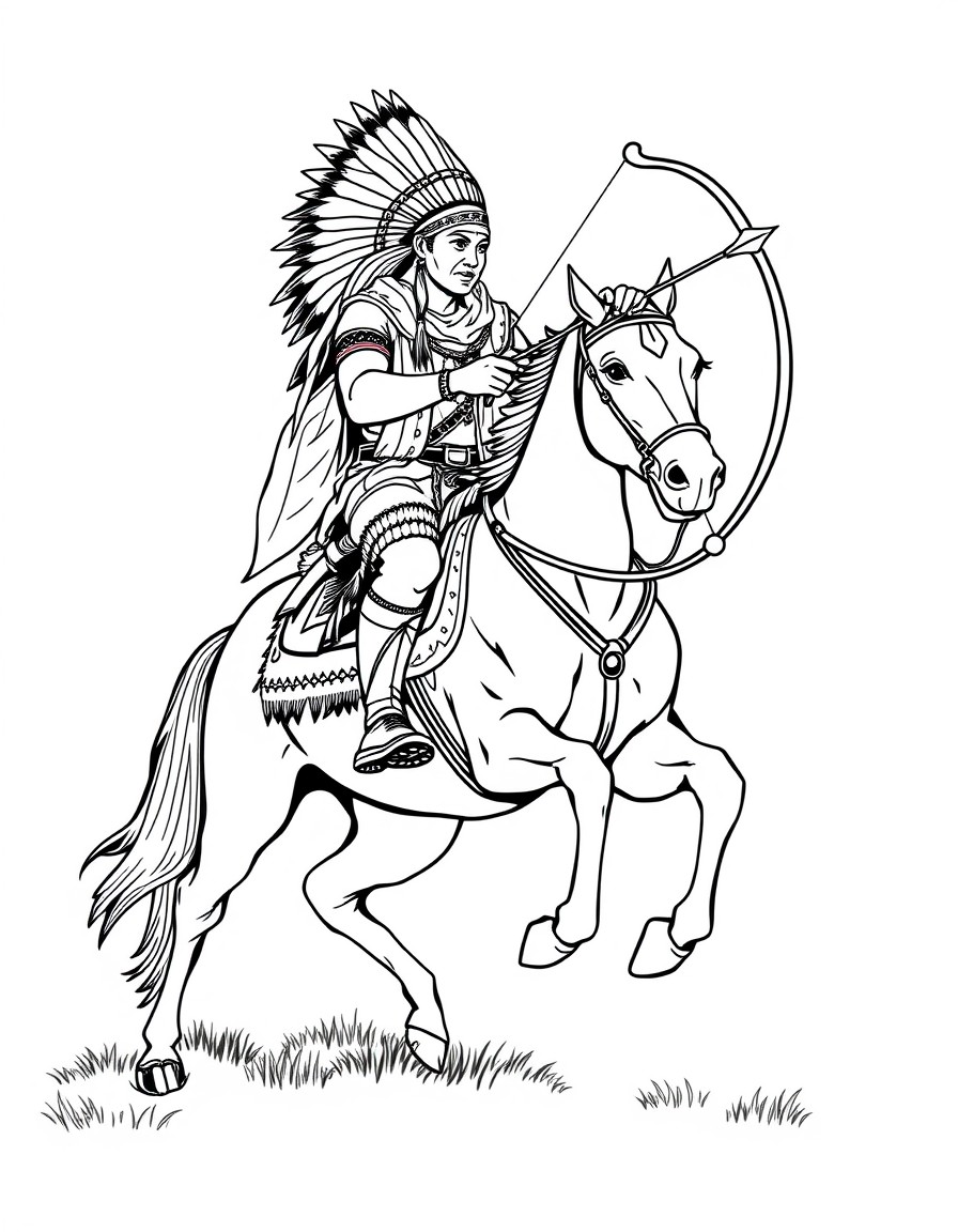 A native American Indian brave riding a horse with a bow and arrow