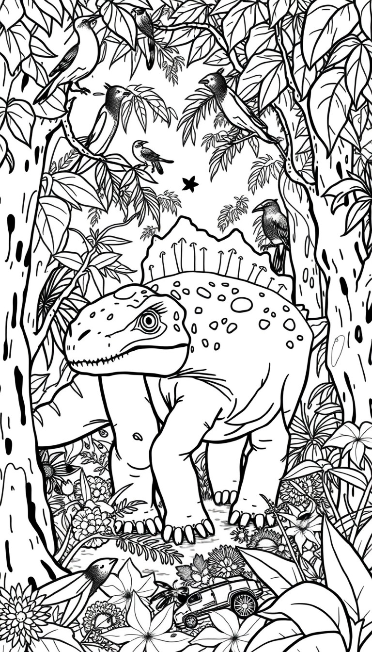 Pachycephalosaurus in a deep jungle scene, surrounded by vines, tree trunks, birds, and insects  childrens coloring sheet with no white space