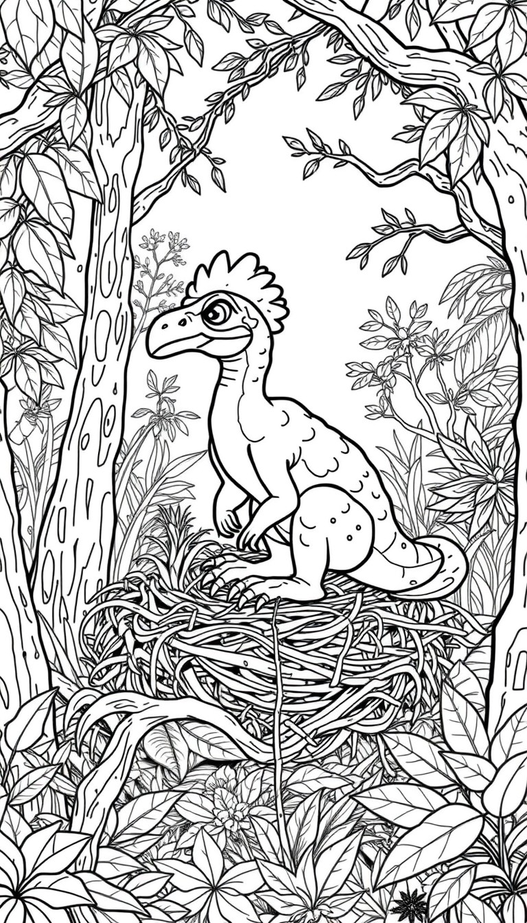 Oviraptor sitting on a nest in a prehistoric forest full of plants, leaves, and tree branches  full-scene childrens coloring art