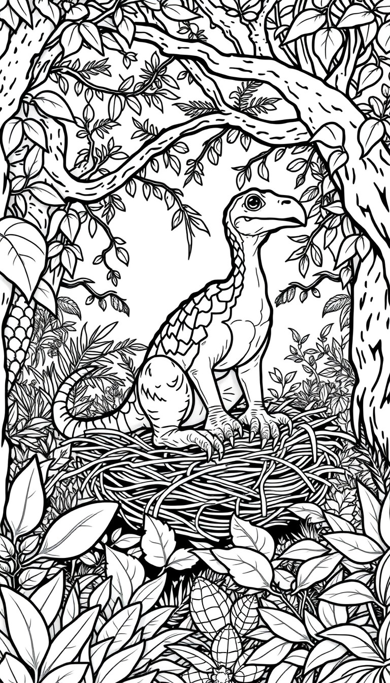 Oviraptor sitting on a nest in a prehistoric forest full of plants, leaves, and tree branches  full-scene childrens coloring art
