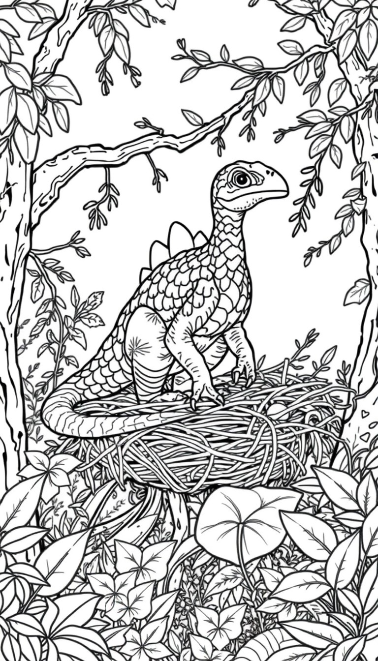 Oviraptor sitting on a nest in a prehistoric forest full of plants, leaves, and tree branches  full-scene childrens coloring art