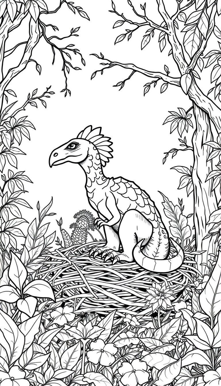 Oviraptor sitting on a nest in a prehistoric forest full of plants, leaves, and tree branches  full-scene childrens coloring art