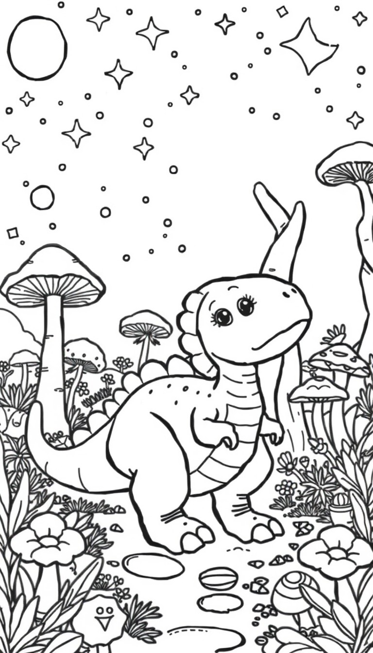 A cute baby dinosaur generic species exploring a fantasy land with giant mushrooms, spiral trees, and stars full magical background.