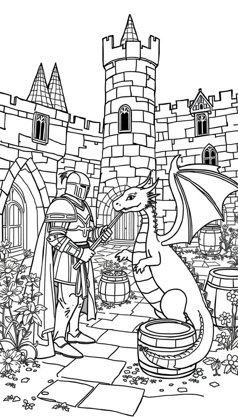 Knight and small dragon playing together near a castle courtyard, with flowers, barrels, and training dummies cute medieval scene to color.