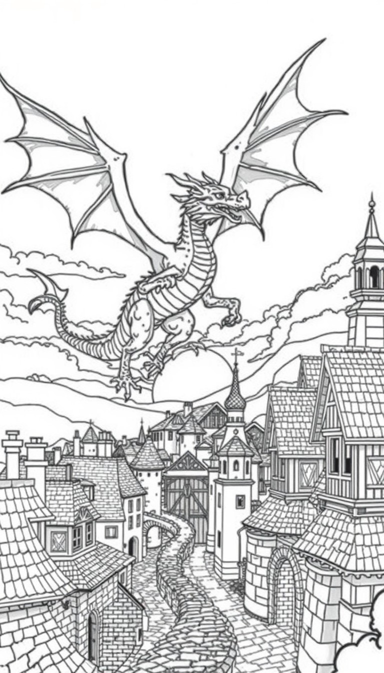 "Ancient golden dragon flying over a medieval village at sunset, with rooftops, stone roads, and castle gates below coloring book line art