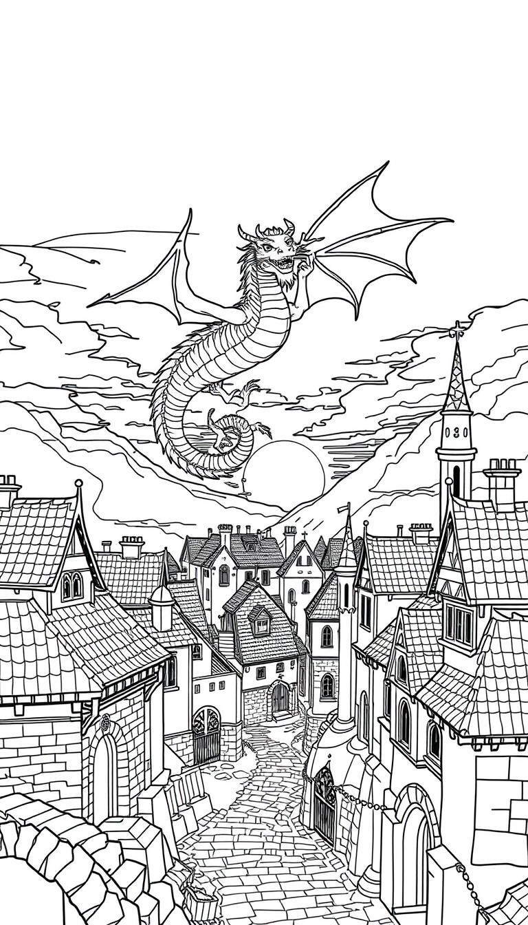 "Ancient golden dragon flying over a medieval village at sunset, with rooftops, stone roads, and castle gates below coloring book line art