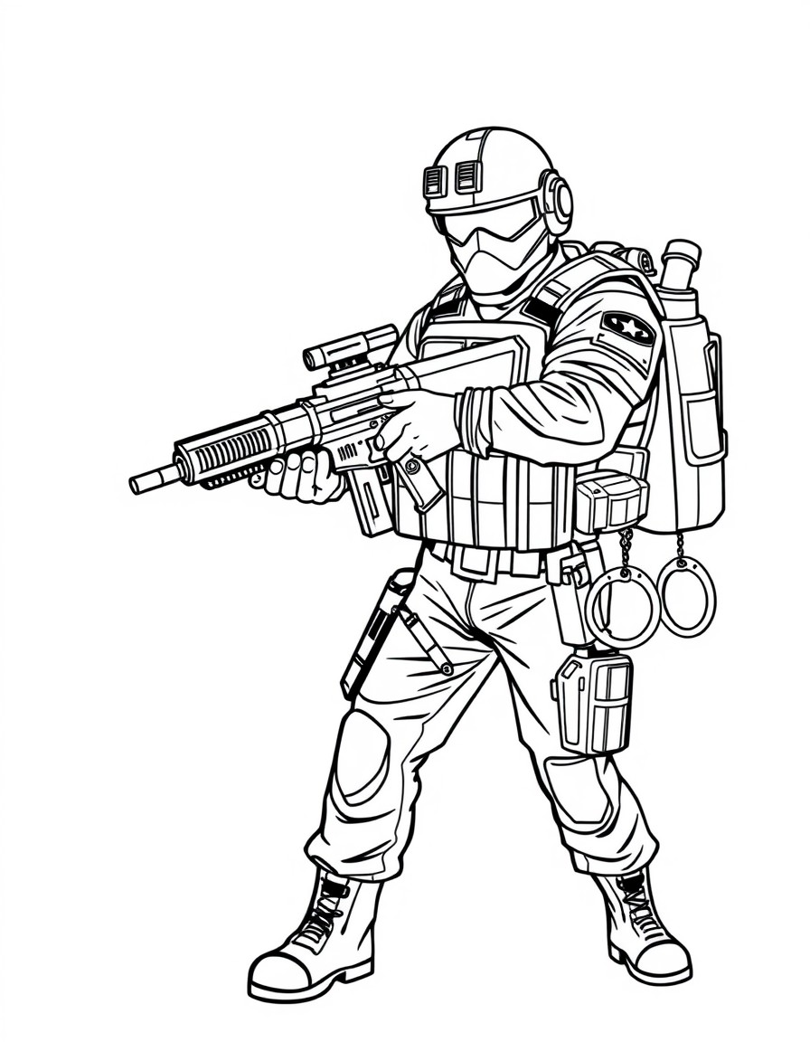 super cool, swat soilder with a submachine gun and a taser and handcuffs