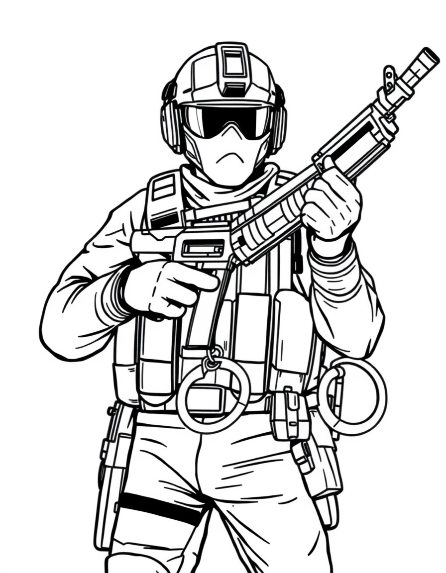 super cool, swat soilder with a submachine gun and a taser and handcuffs