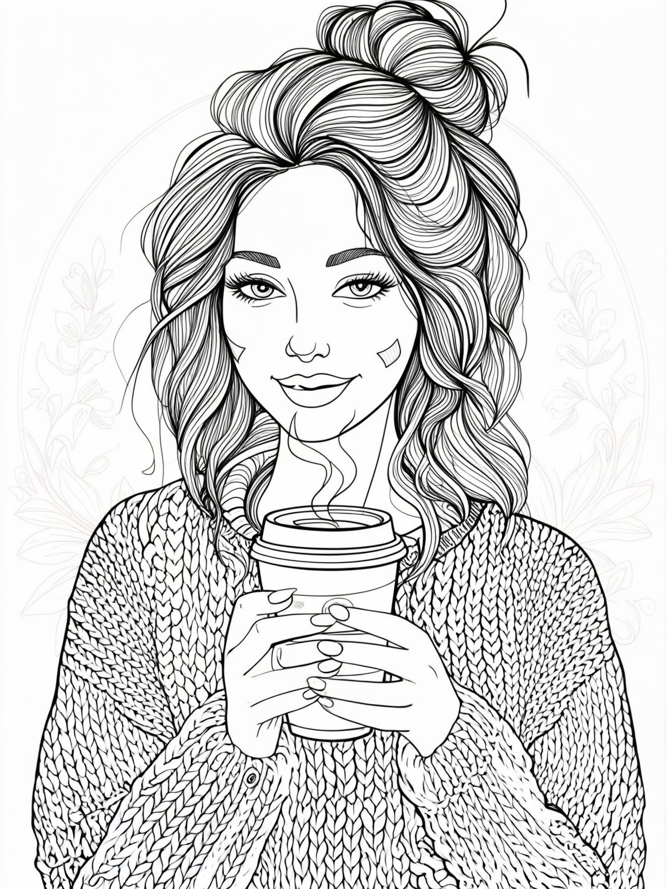 a mom wearing her long wavy hair up in a bun, drinking coffee