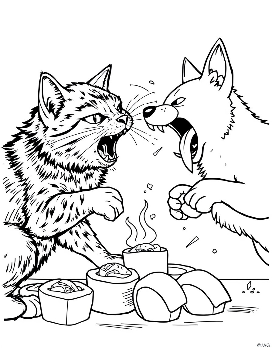 cat fighting dog whall eating sushi