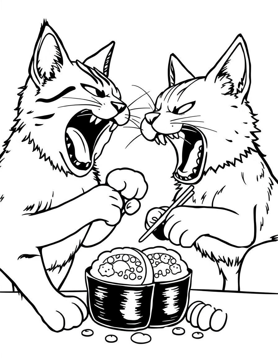 cat fighting dog whall eating sushi