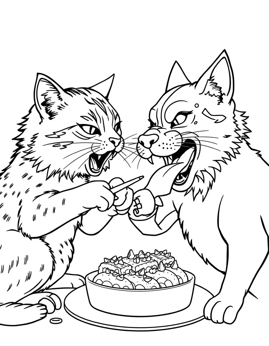 cat fighting dog whall eating sushi