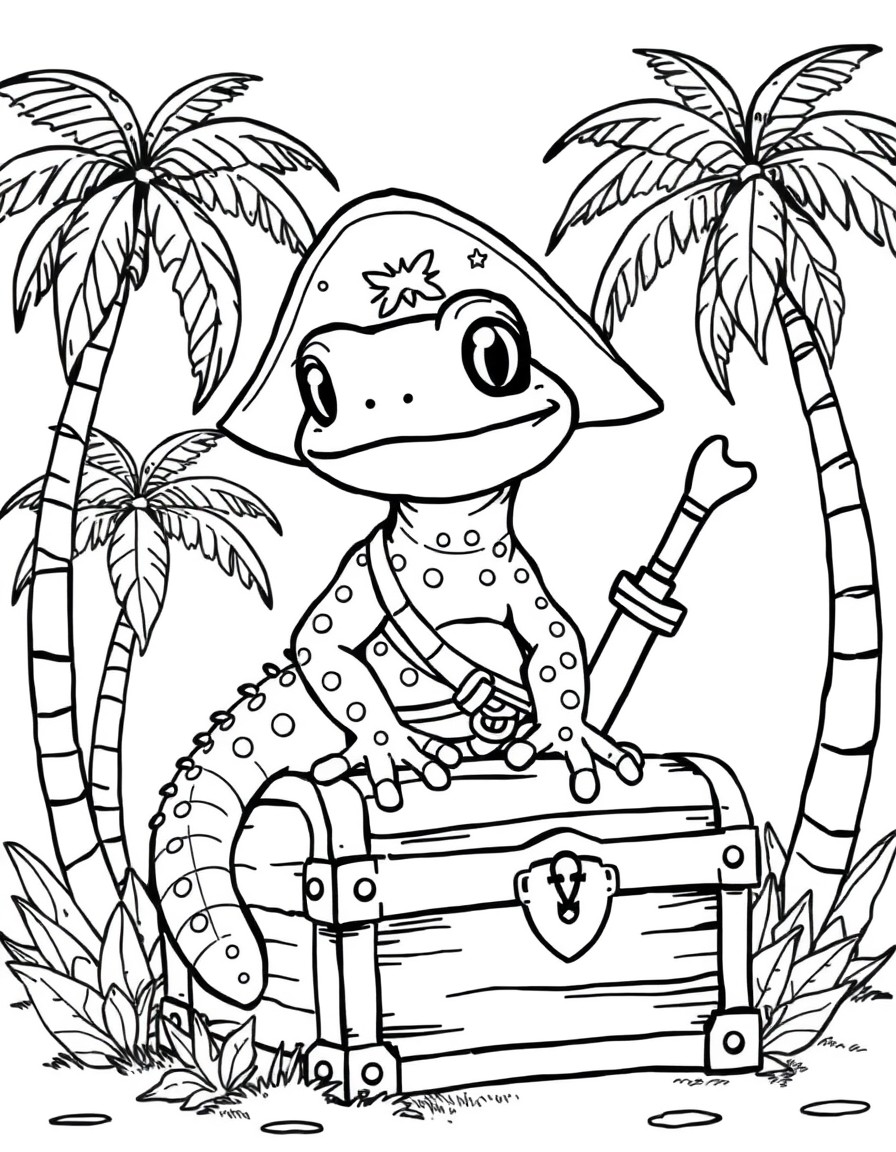 cute salamander pirate sitting on chest and palm trees in the background, salamander dots should be big enough to color