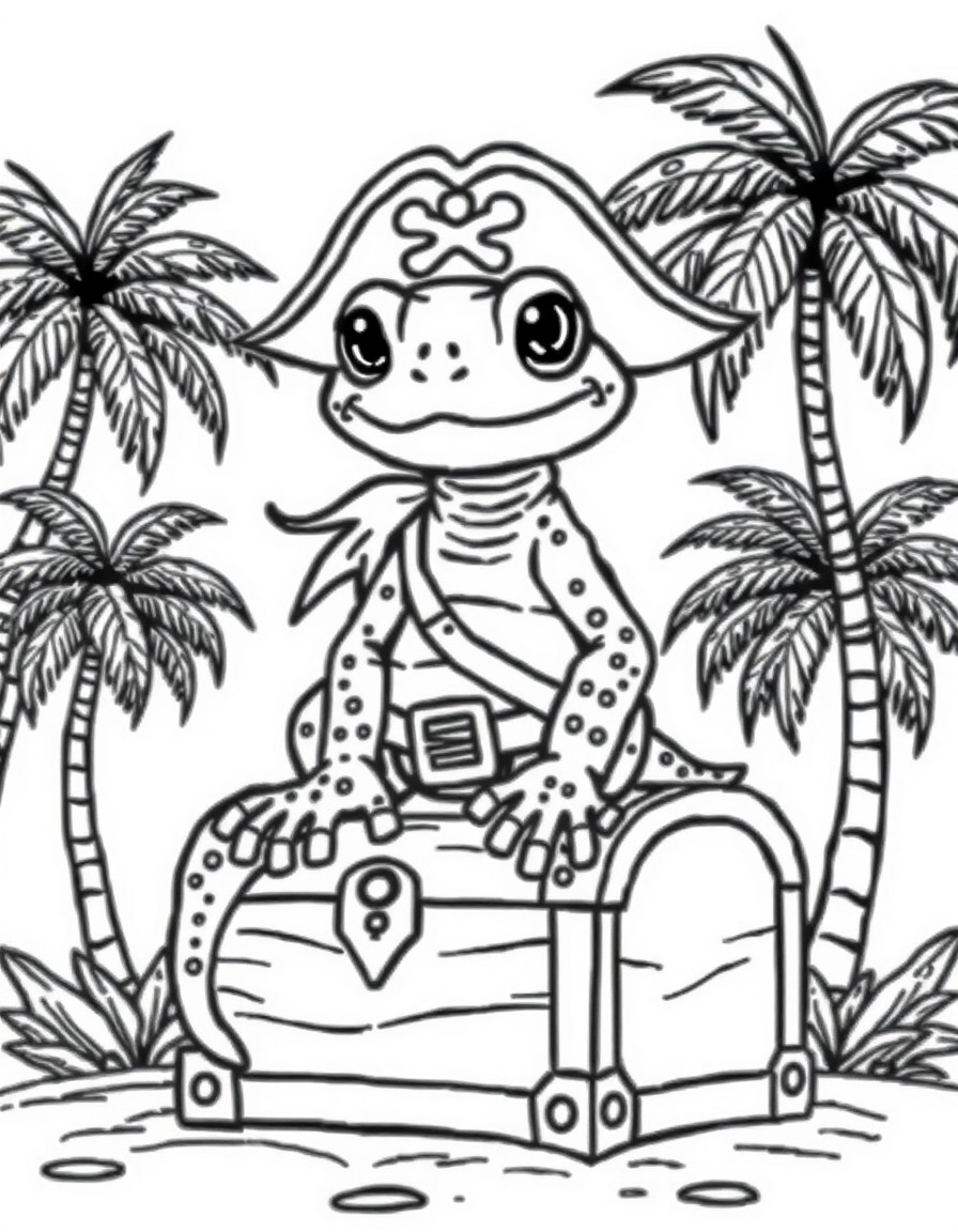 cute salamander pirate sitting on chest and palm trees in the background, salamander dots should be big enough to color