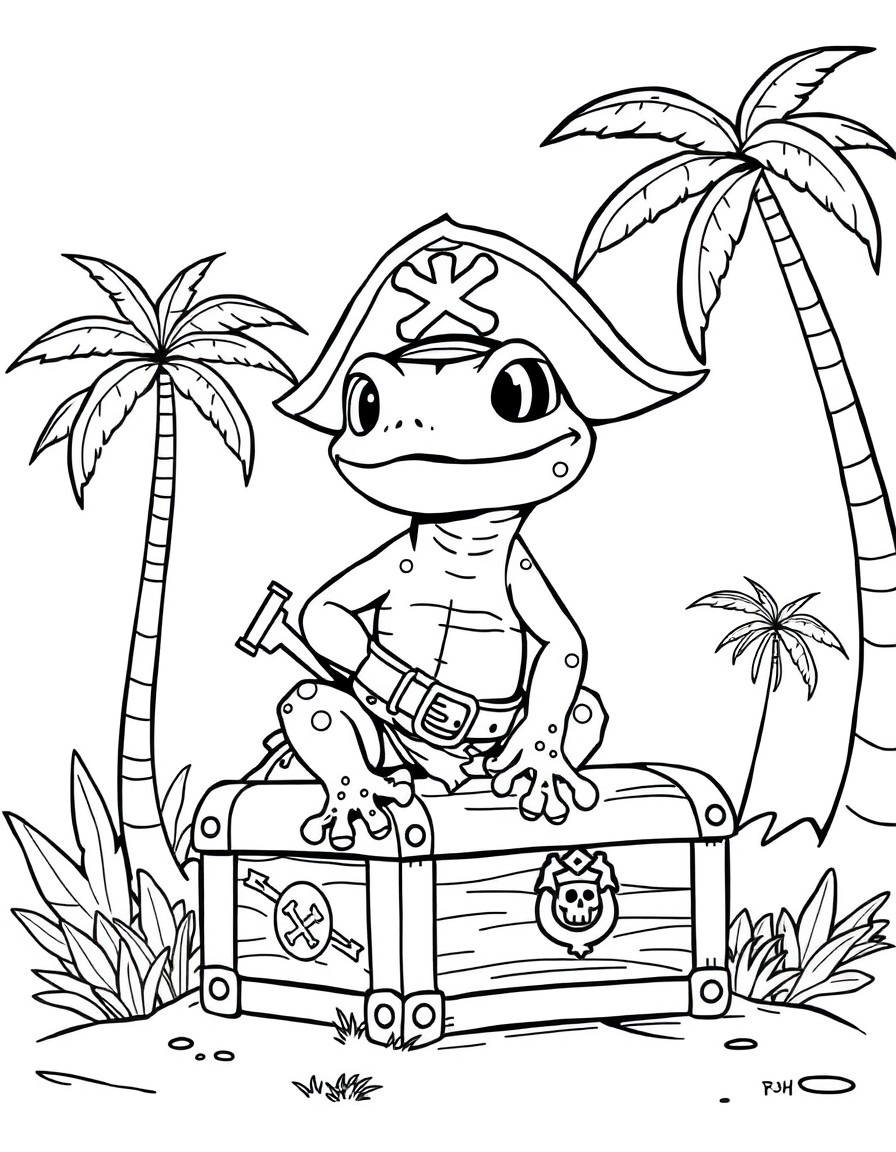 cute salamander pirate sitting on chest and palm trees in the background, salamander dots should be big enough to color
