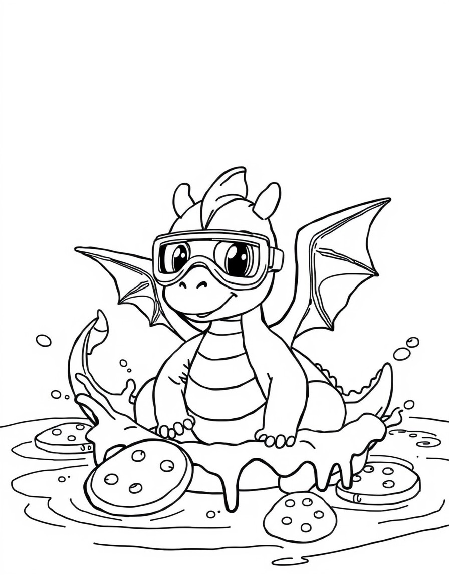 A baby dragon wearing goggles, splashing in a chocolate fountain with cookie rafts