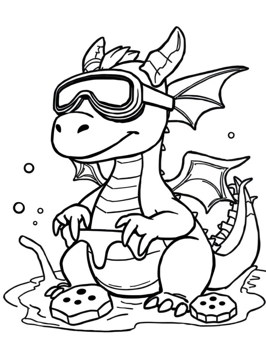 A baby dragon wearing goggles, splashing in a chocolate fountain with cookie rafts