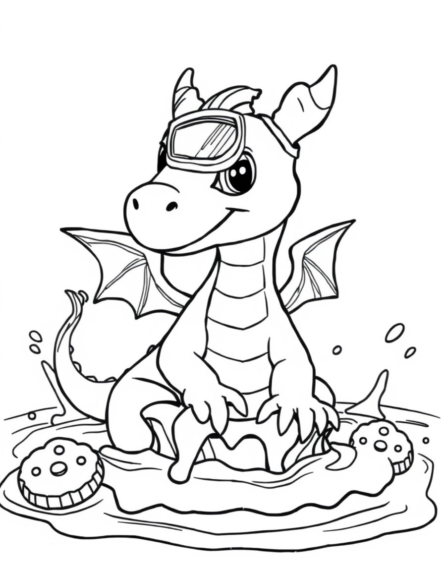 A baby dragon wearing goggles, splashing in a chocolate fountain with cookie rafts