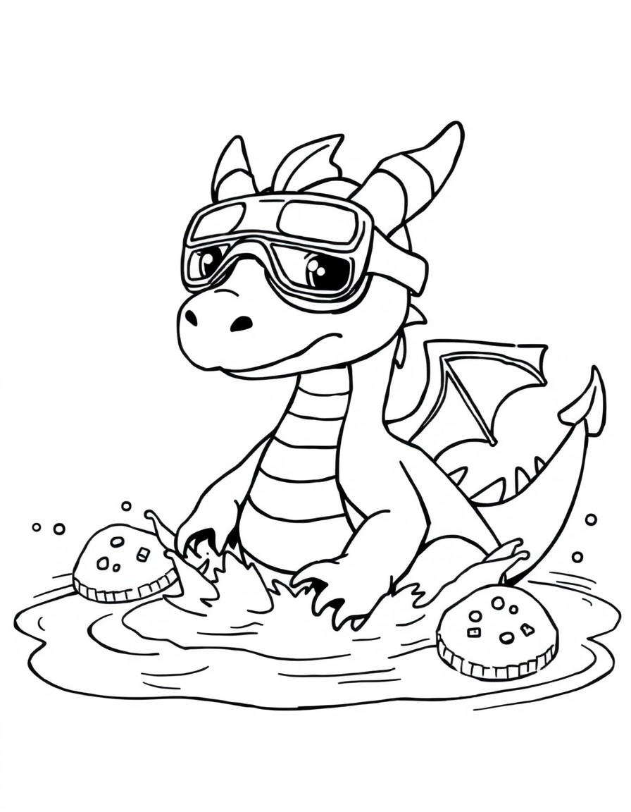 A baby dragon wearing goggles, splashing in a chocolate fountain with cookie rafts