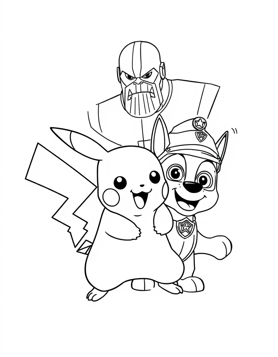 Pikachu and Chase from Paw Patrol fighting against Thanos