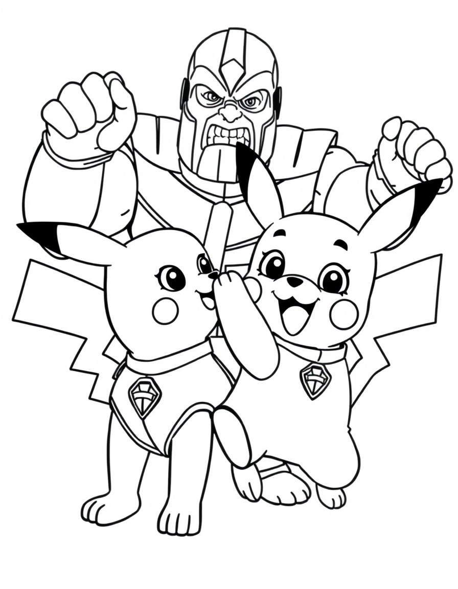 Pikachu and Chase from Paw Patrol fighting against Thanos