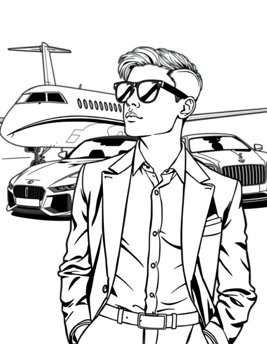 Elegant, intelligent and very rich boy, behind him there is a private jet and several luxury cars