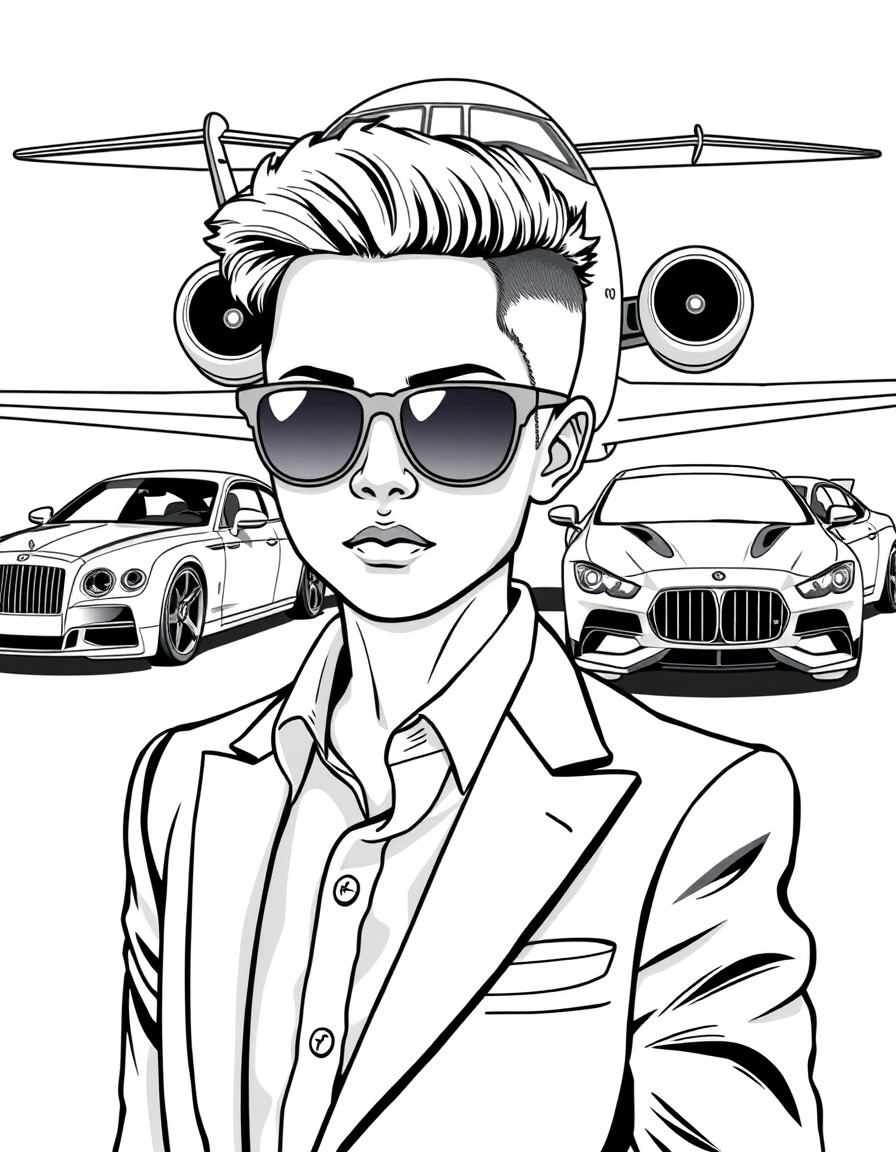Elegant, intelligent and very rich boy, behind him there is a private jet and several luxury cars