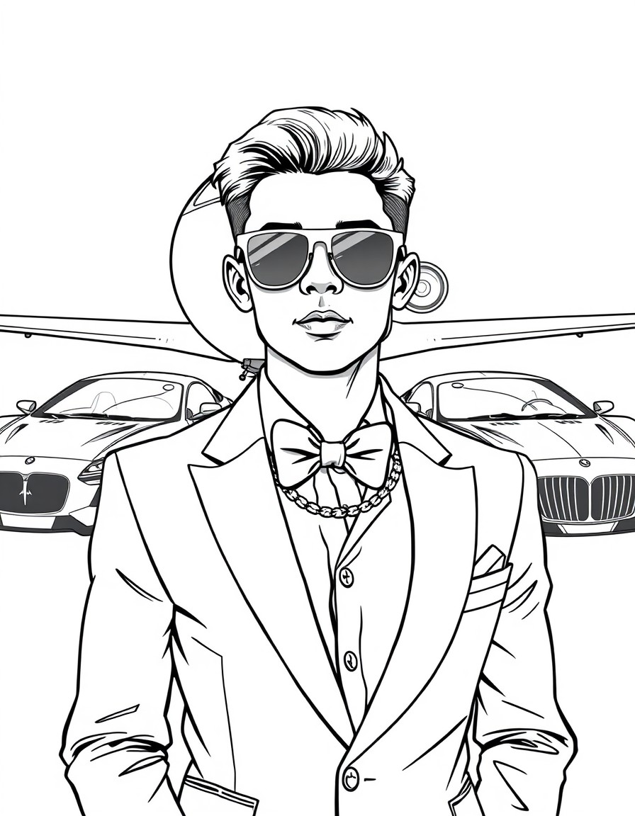 Elegant, intelligent and very rich boy, behind him there is a private jet and several luxury cars