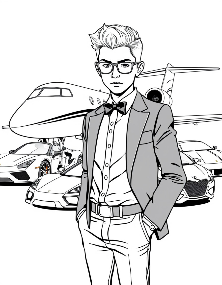 Elegant, intelligent and very rich boy, behind him there is a private jet and several luxury cars