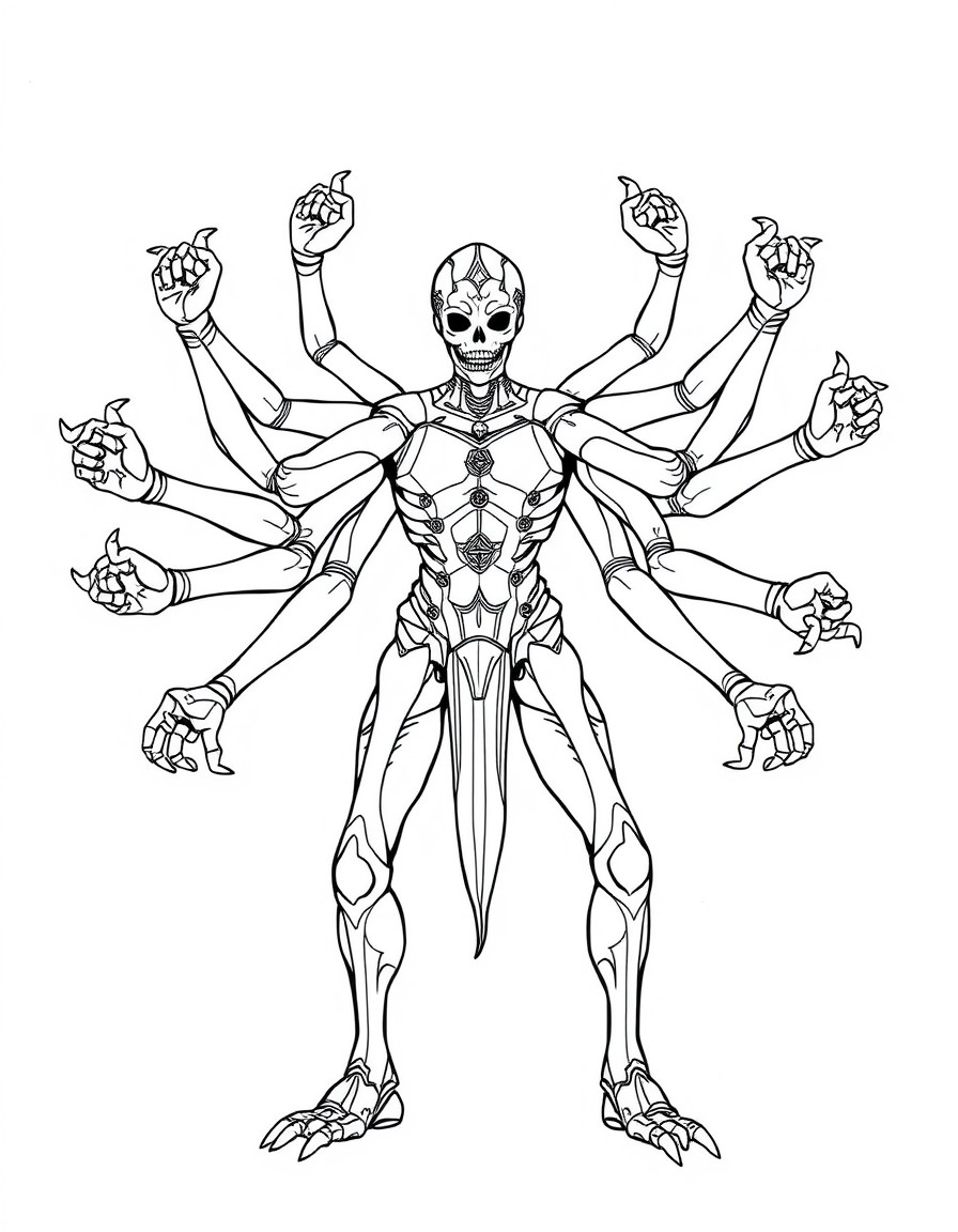 A deity with a tesseract shaped torso, 41 arms and legs, and no head. Each limb has 3 joints elbows or knees and are capable of nearly 360 degree rotation. Three of the limbs have a mouth with 1 tongu
