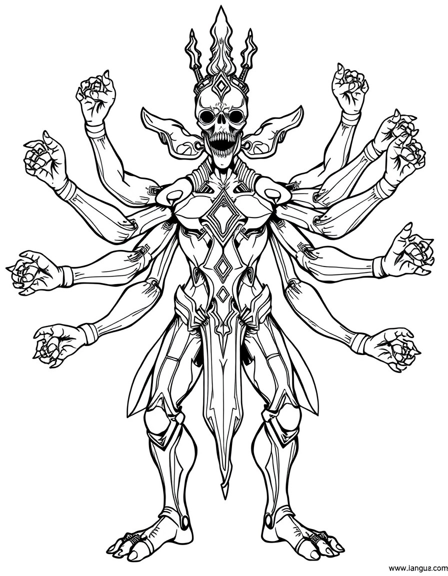 A deity with a tesseract shaped torso, 41 arms and legs, and no head. Each limb has 3 joints elbows or knees and are capable of nearly 360 degree rotation. Three of the limbs have a mouth with 1 tongu
