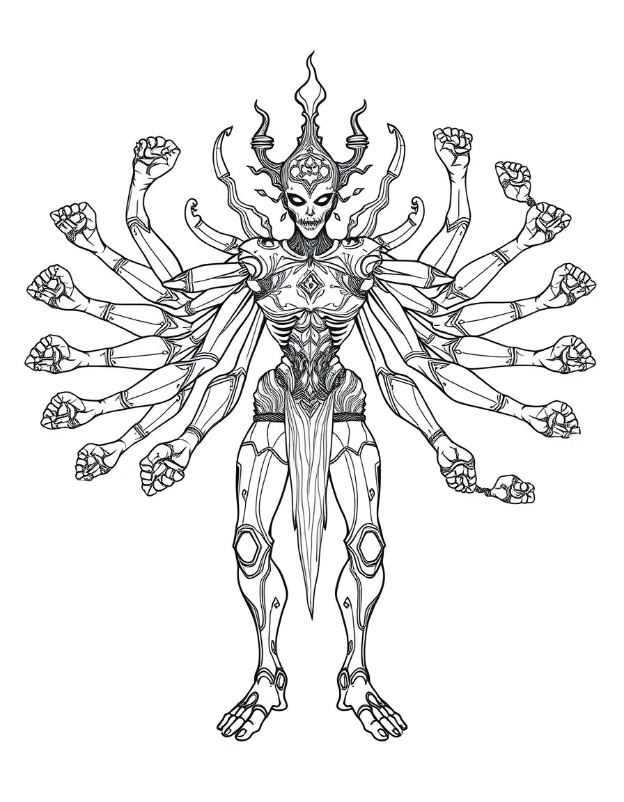A deity with a tesseract shaped torso, 41 arms and legs, and no head. Each limb has 3 joints elbows or knees and are capable of nearly 360 degree rotation. Three of the limbs have a mouth with 1 tongu