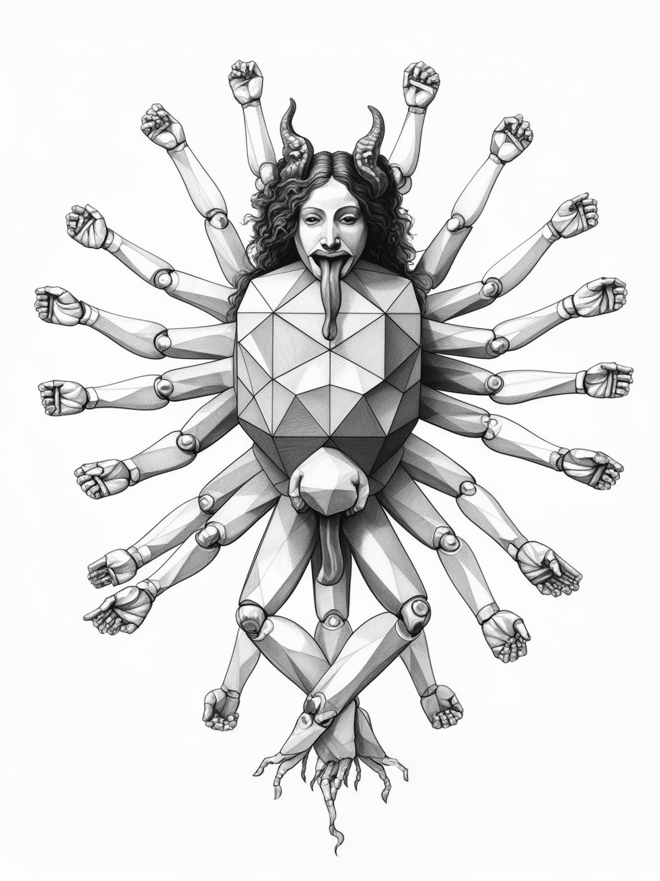 A deity with a tesseract shaped torso, 41 arms and legs, and no head. Each limb has 3 joints elbows or knees and are capable of nearly 360 degree rotation. Three of the limbs have a mouth with 1 tongu