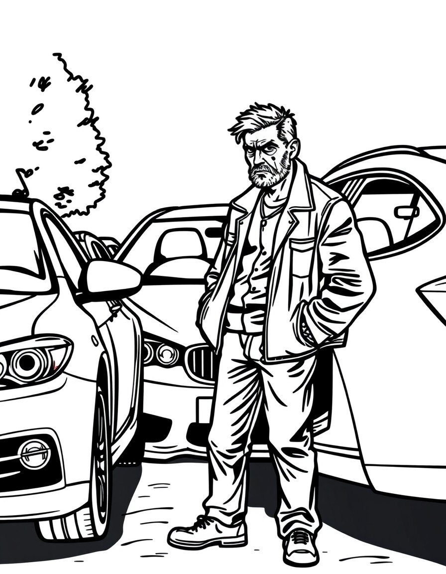 A car with cars parked too close to get in. A man stands outside angry.