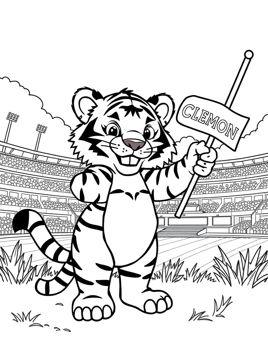 a cute little tiger standing beside a football stadium waving a flag with the word Clemson on it