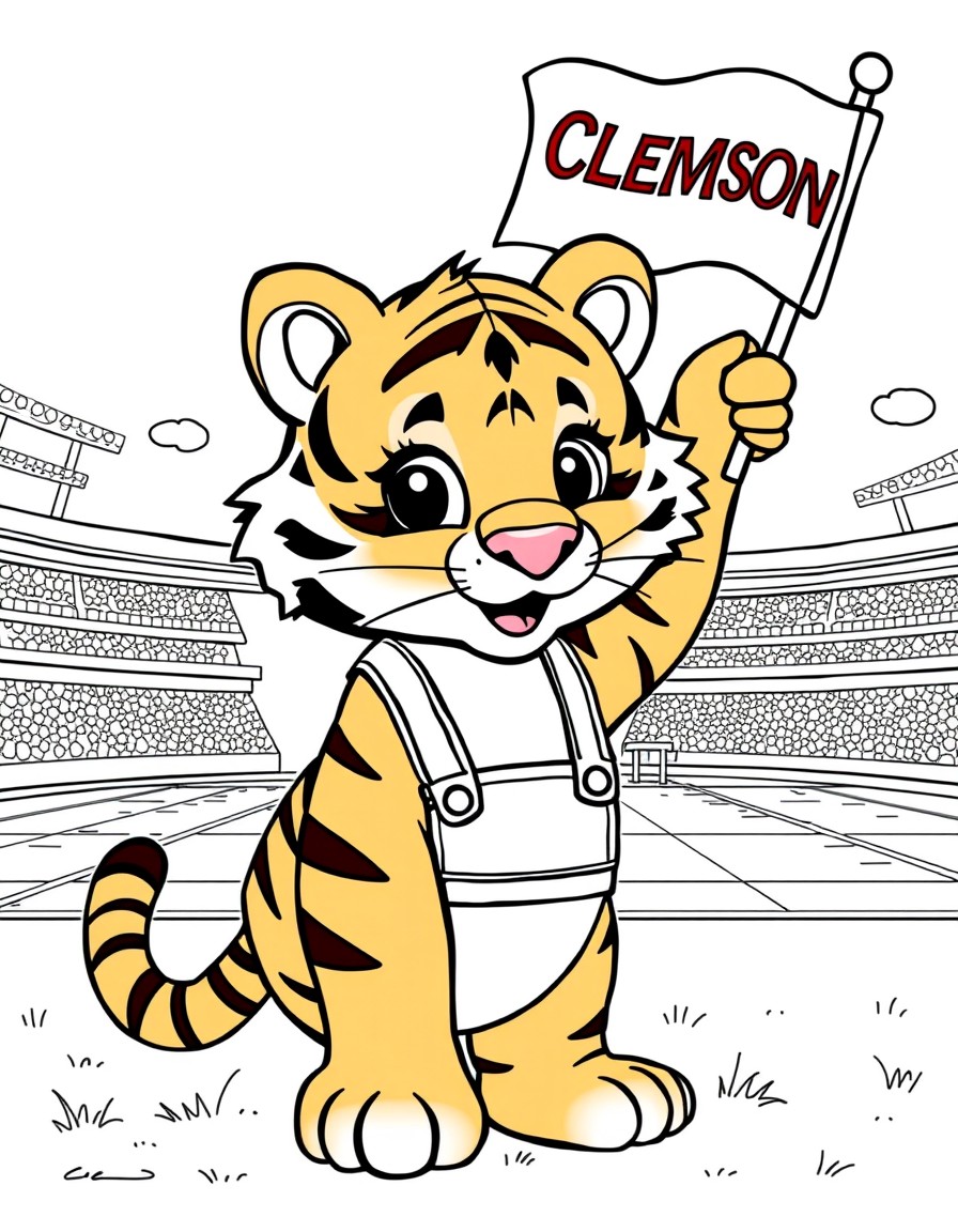 a cute little tiger with overall on standing beside a football stadium waving a flag with the word Clemson on it