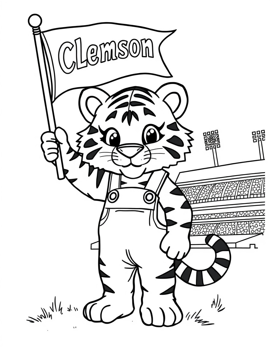 a cute little tiger with overall on standing beside a football stadium waving a flag with the word Clemson on it