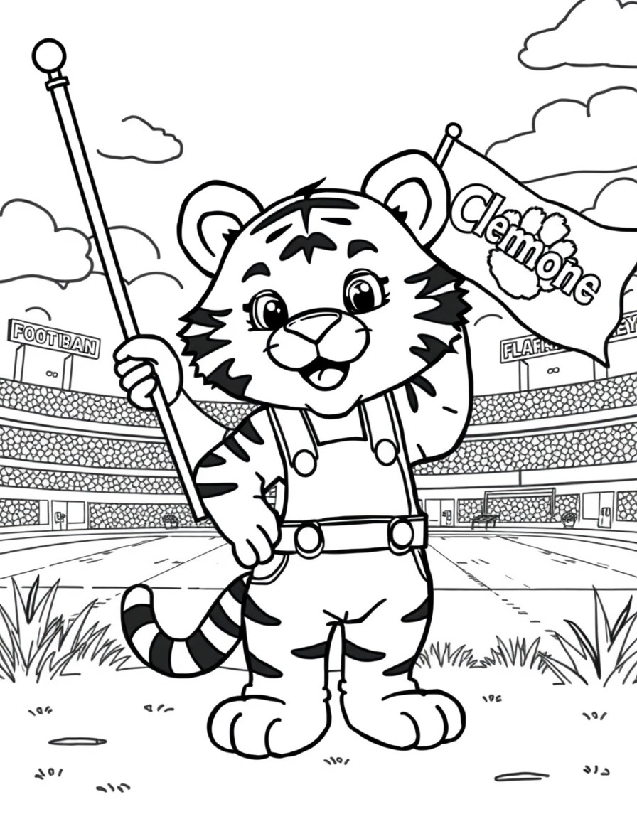 a cute little tiger with overall on standing beside a football stadium waving a flag with the word Clemson on it