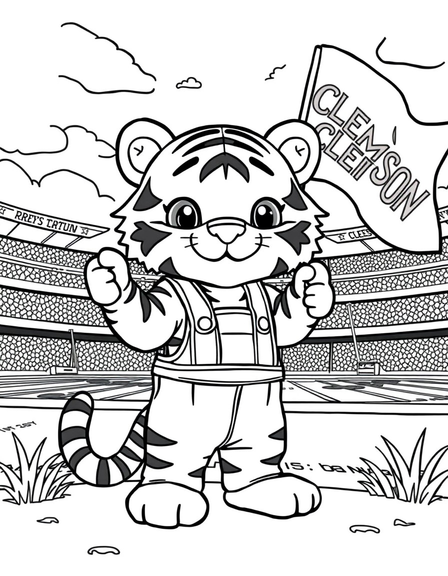 a cute little tiger with overall on standing beside a football stadium waving a flag with the word Clemson on it